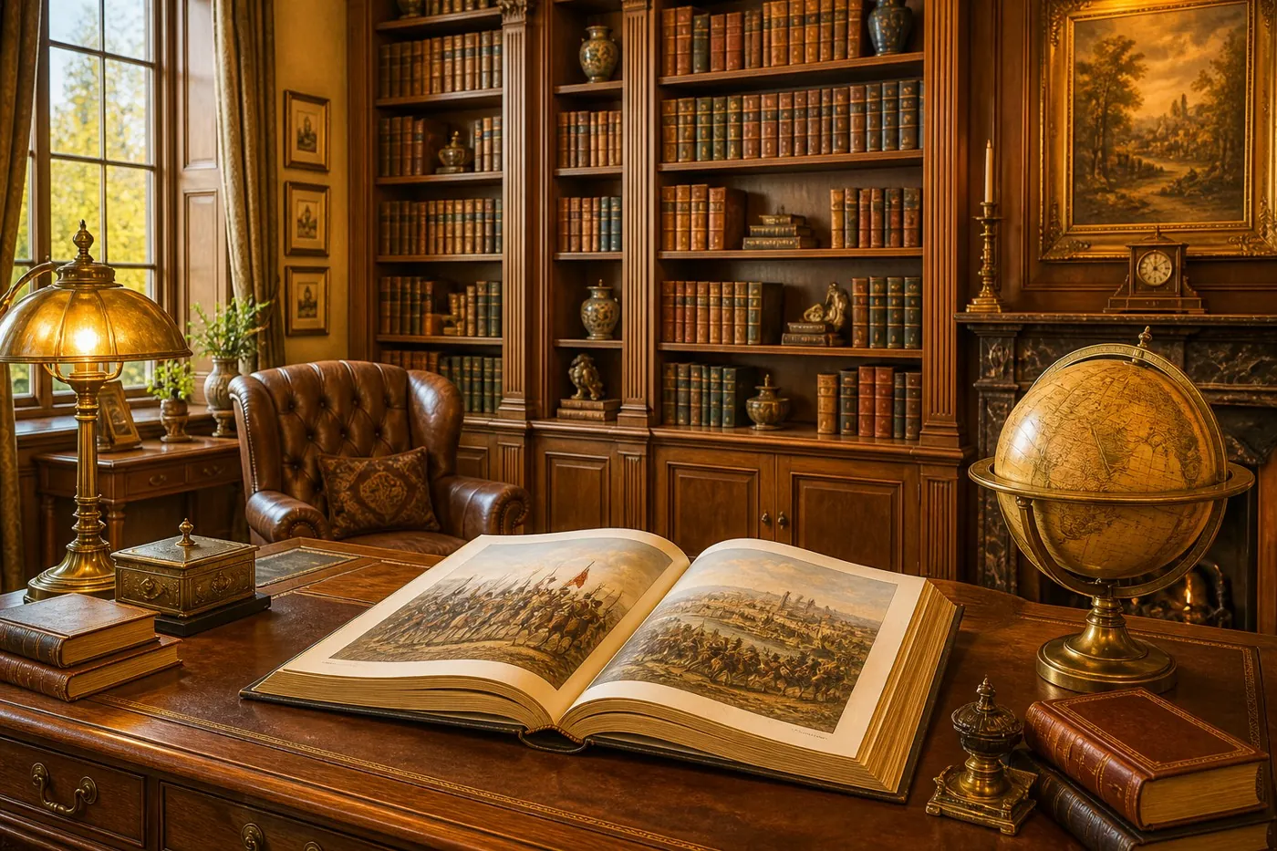 A warm antique study with tall bookshelves, an open illustrated history book, and a brass globe