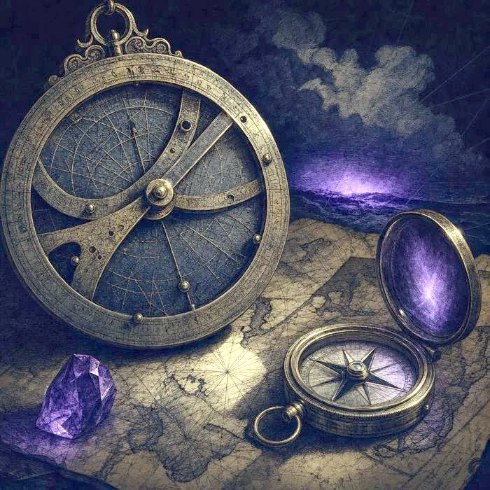 A weathered antique astrolabe and compass resting on a hand-drawn nautical chart, lit by a single warm lamp