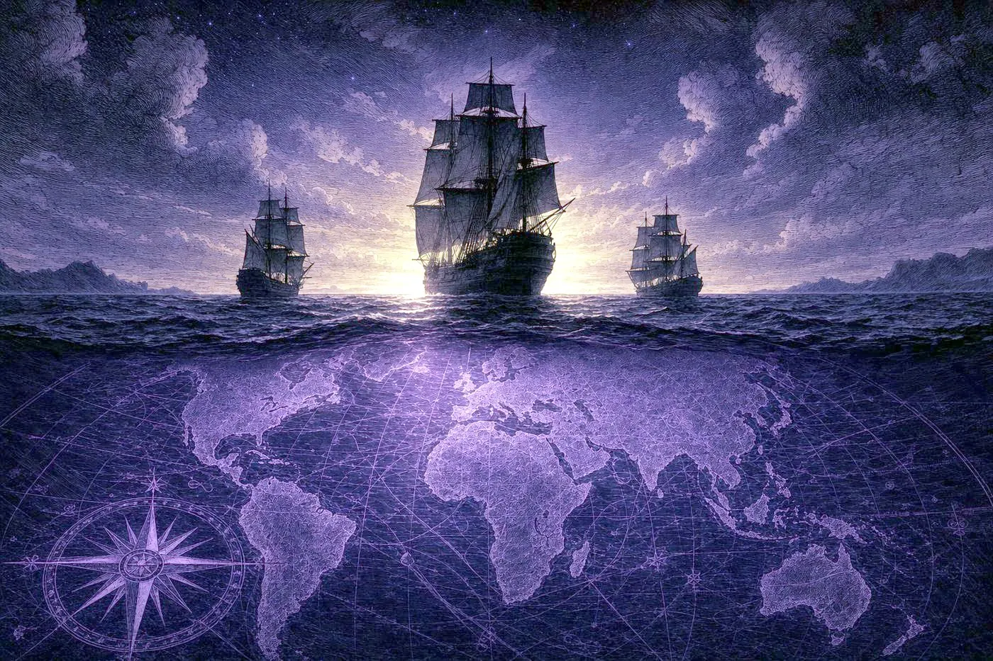 Three tall-ship masts and sails silhouetted against a dawn sea, with a faint antique map glowing beneath the waves
