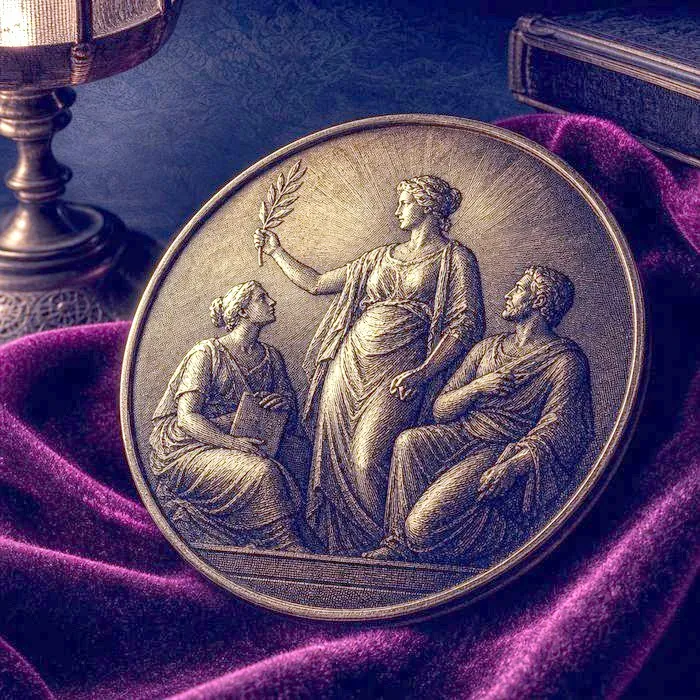 An antique Nobel Prize medal resting on velvet, lit by a single warm light