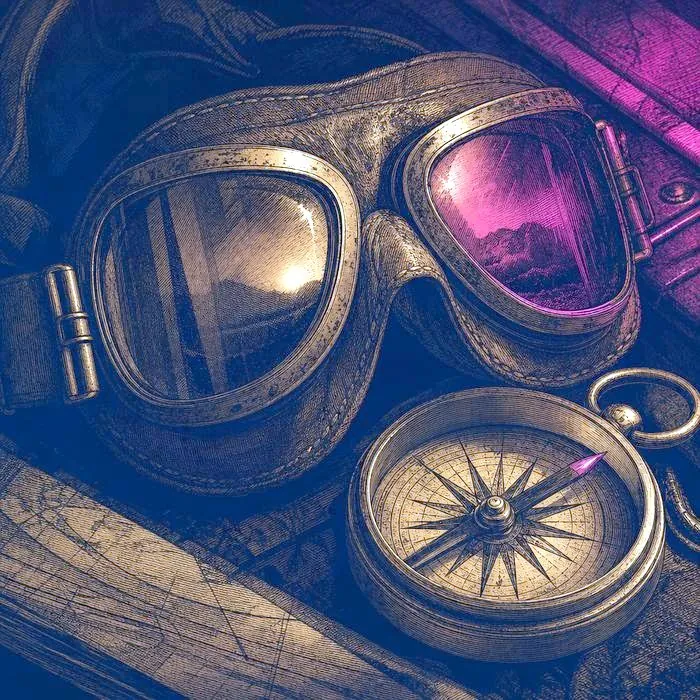 An antique aviator's leather flight goggles and compass, lit by a single warm light