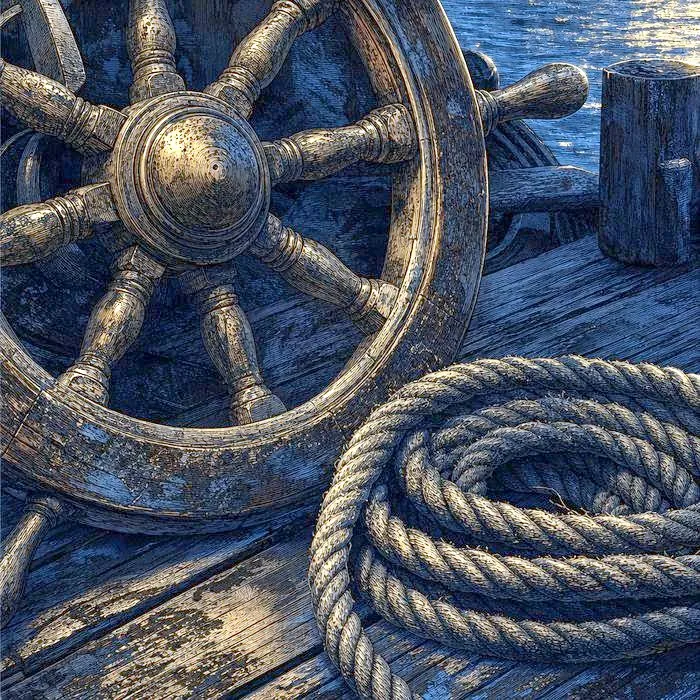 A close-up of a weathered ship's wheel and coiled dock rope