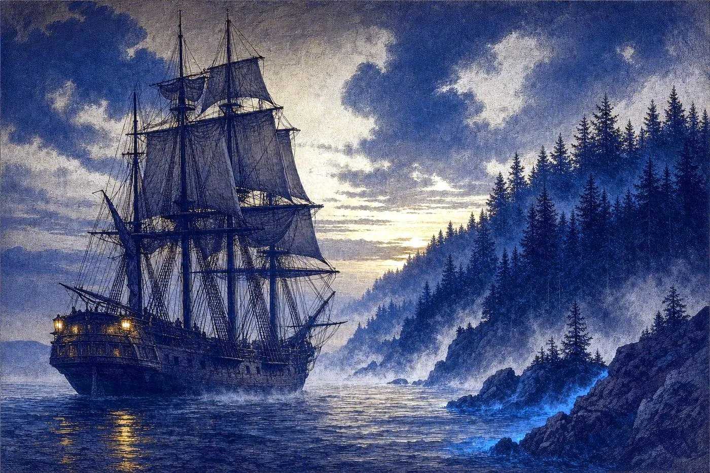 An old sailing ship approaching a wooded coastline