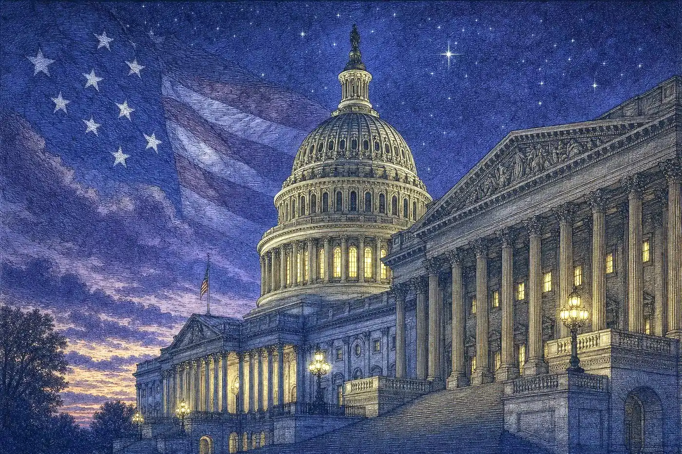 The U.S. Capitol dome lit at dusk beneath a starlit sky and a rippling American flag