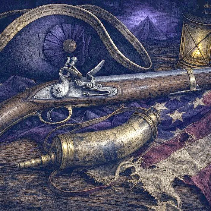 A weathered flintlock musket and powder horn resting on a folded tricorn hat beside a torn scrap of an early American flag