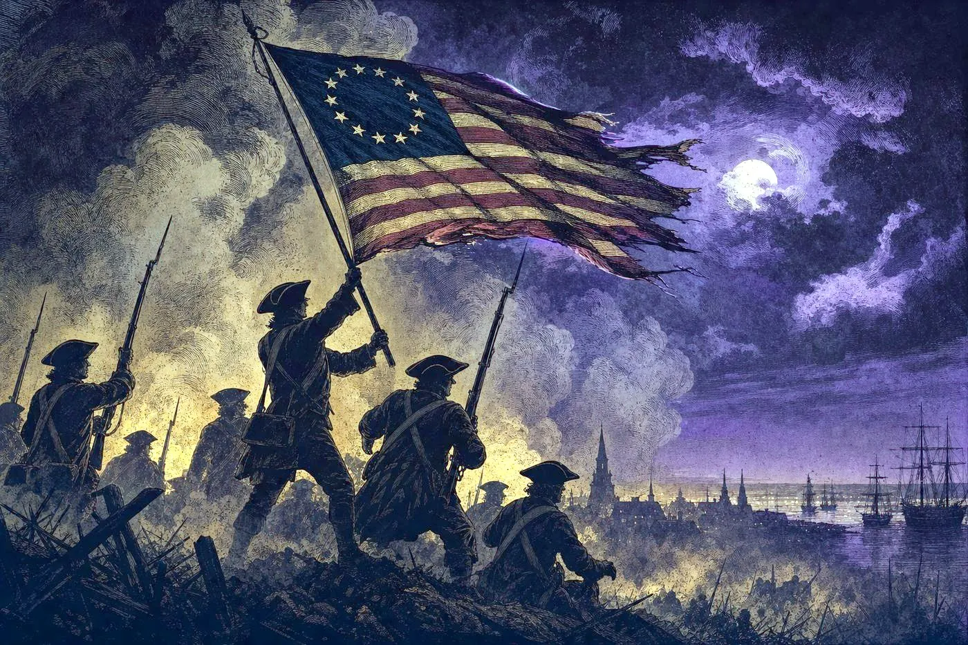 Colonial-era soldiers and a tattered flag against a smoke-filled sky