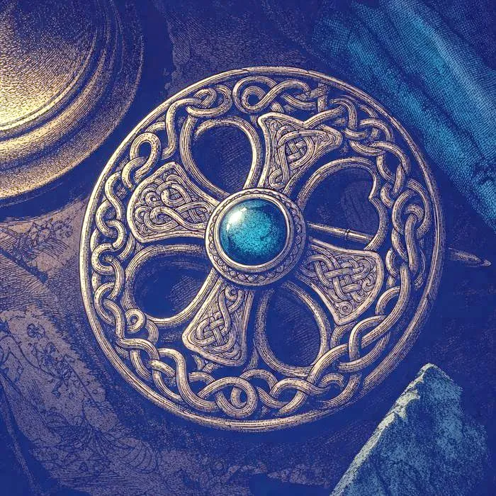 A close-up of an ornate antique Celtic knotwork metal brooch