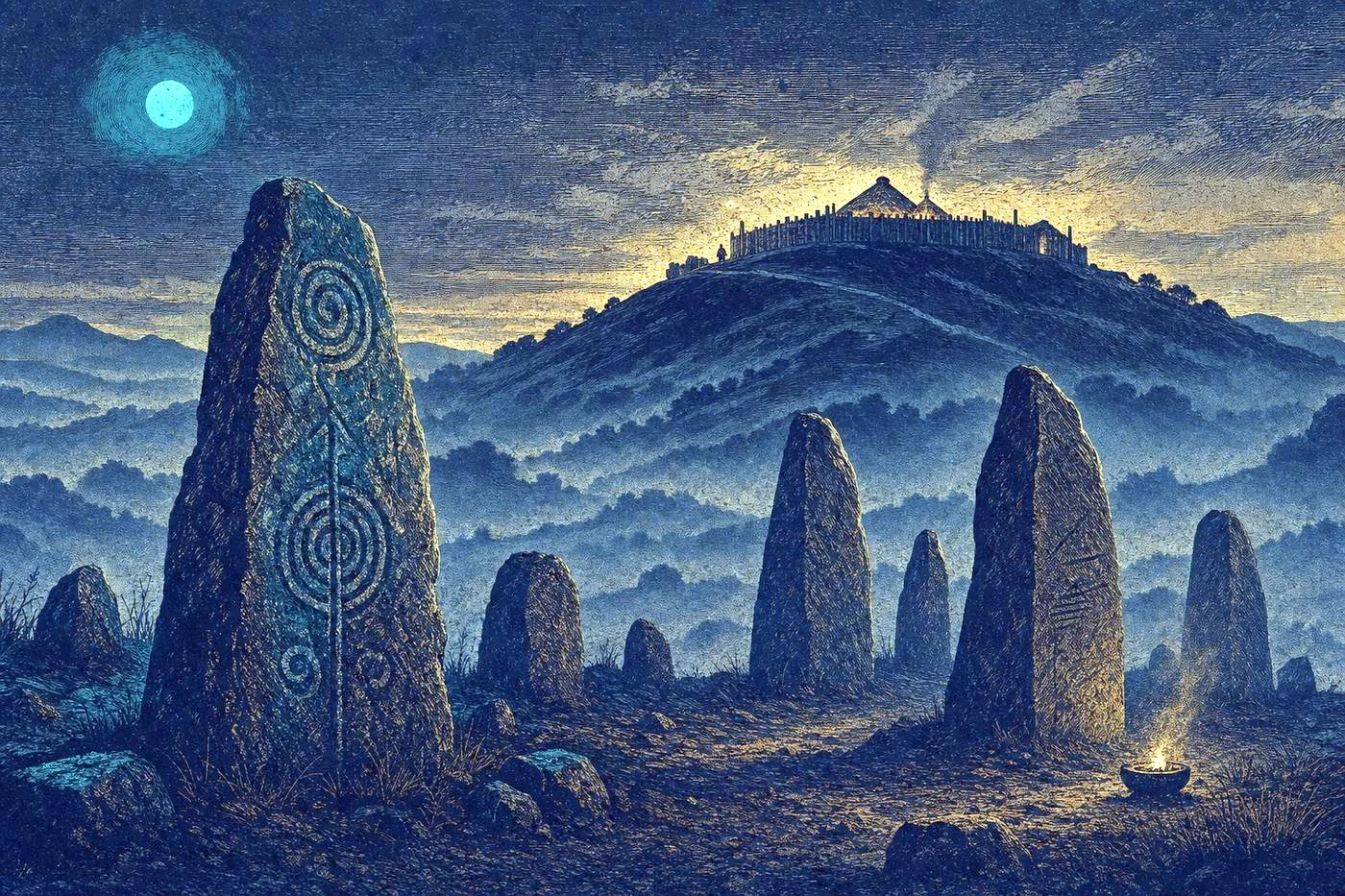 A misty Iron Age hillfort at dusk with standing stones
