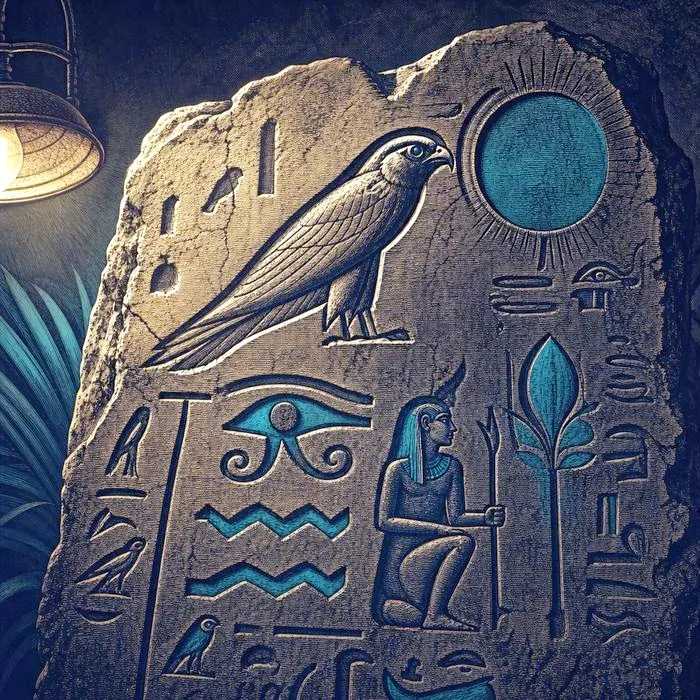 A close-up of an ancient engraved hieroglyphic stone tablet fragment