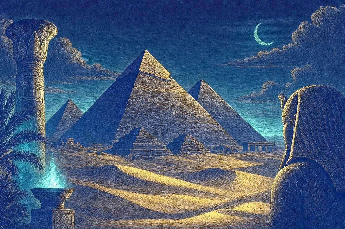 The Great Pyramids of Giza silhouetted against a dusk sky