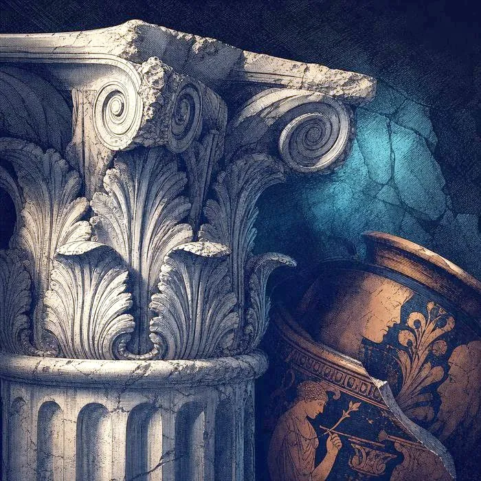 A close-up of a fluted marble column capital and ancient pottery fragment
