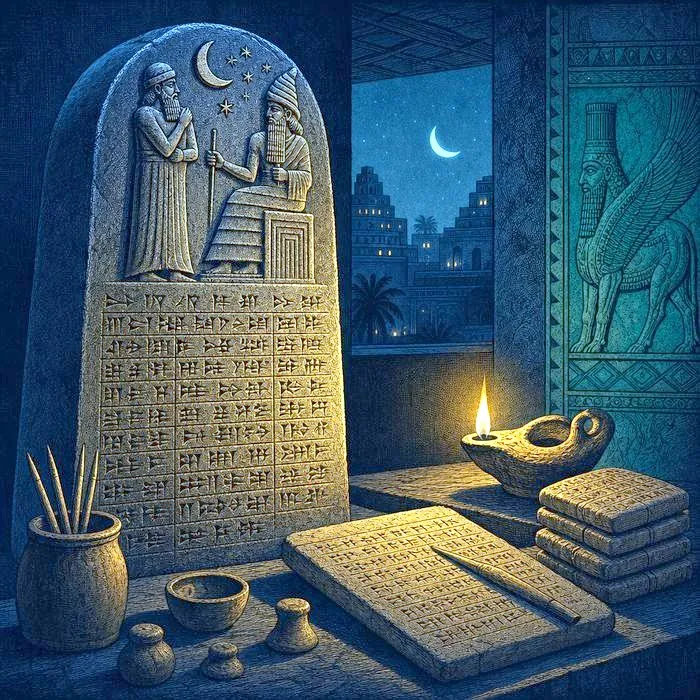 A carved stone law stele and cuneiform tablets lit by lamplight