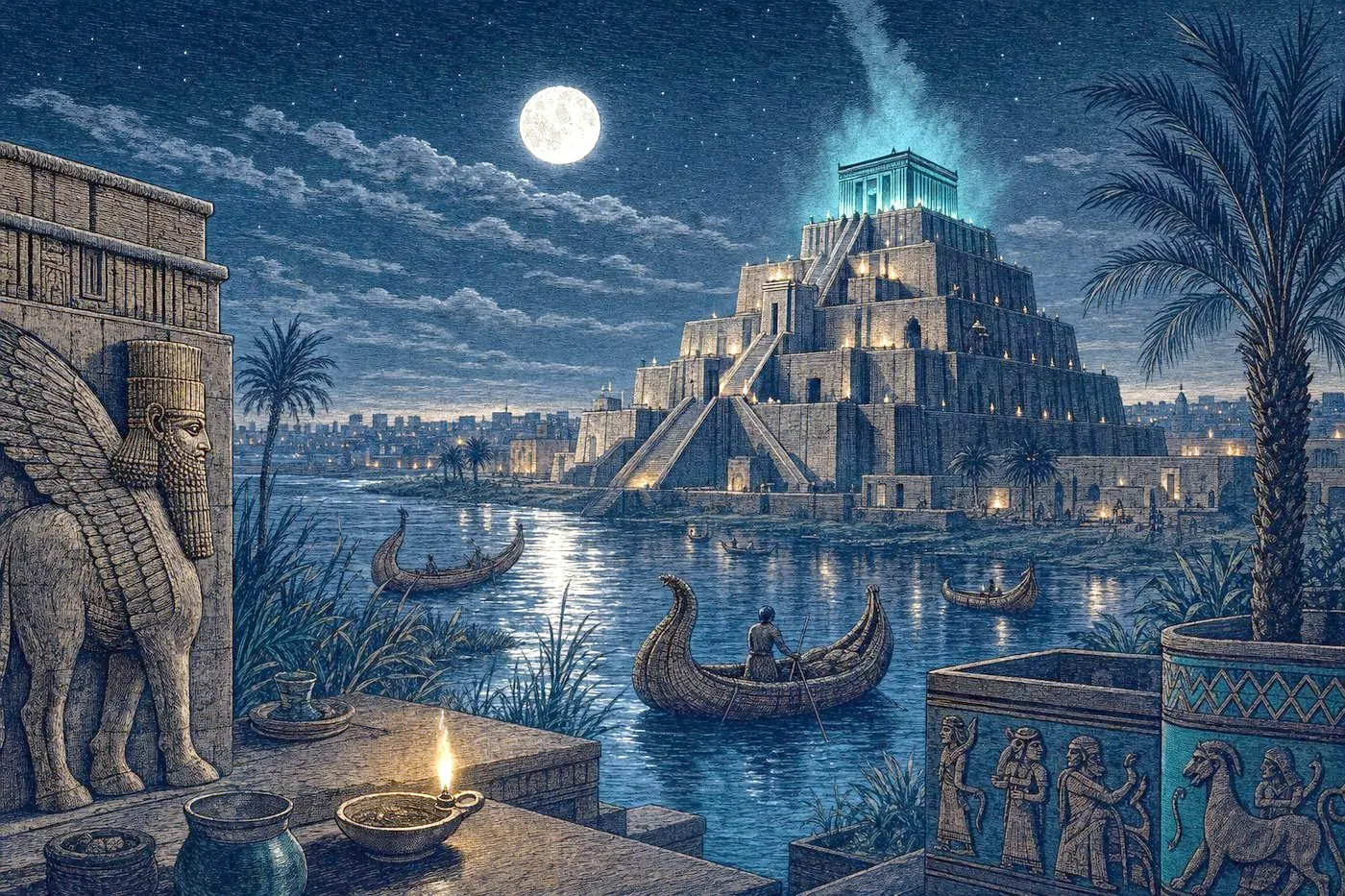 Ziggurat ruins rising from a moonlit riverside plain