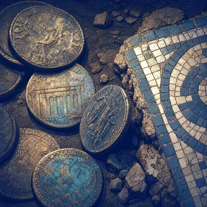 A close-up of ancient bronze Roman coins beside a mosaic tile fragment