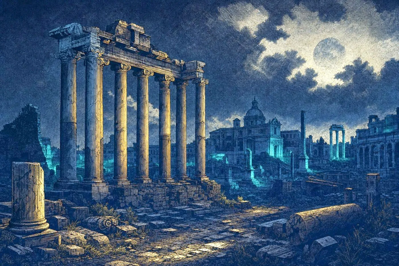 Ruined columns of the Roman Forum against a pale sky