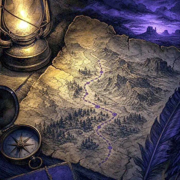 A close-up of a weathered antique frontier map with a trail route marked, lit by a single warm light