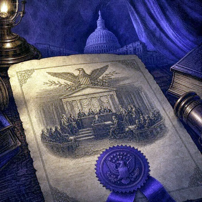A close-up of an antique impeachment trial document with a formal wax seal, lit by a single warm lamp