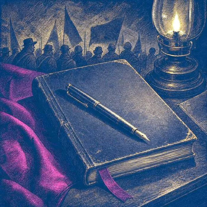 A worn diary cover with a pen resting on top, lit by a single warm light
