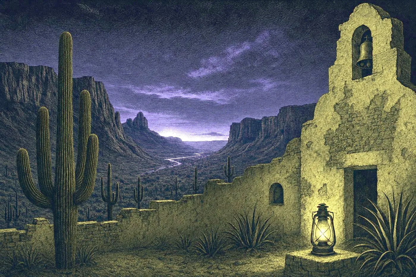 A dramatic desert canyon landscape with saguaro cacti and weathered adobe mission architecture