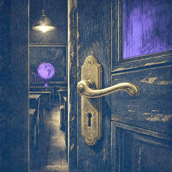 A weathered antique schoolhouse door with brass handle and warm lamp-light illumination