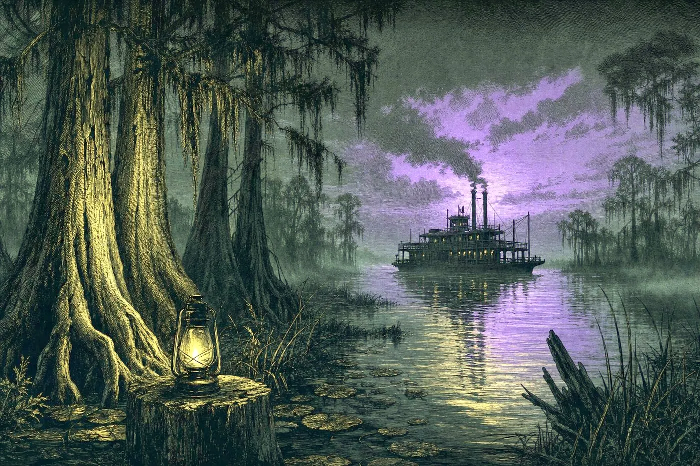 Mississippi River delta landscape at dusk with cypress trees and a weathered riverboat silhouette