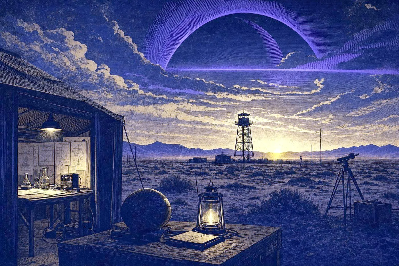 A stark desert test-site landscape at dawn with a distant observation tower