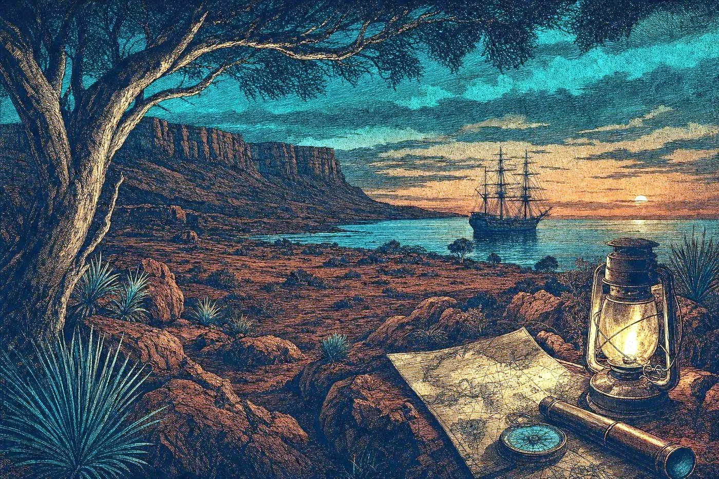 A red desert outback landscape at dusk with a distant sailing ship silhouette
