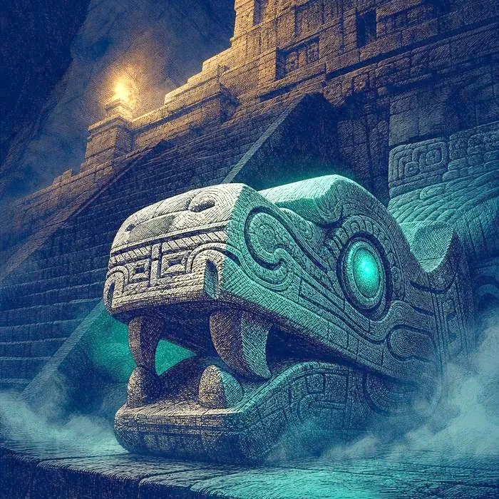 A carved stone serpent head at the base of a stepped temple pyramid