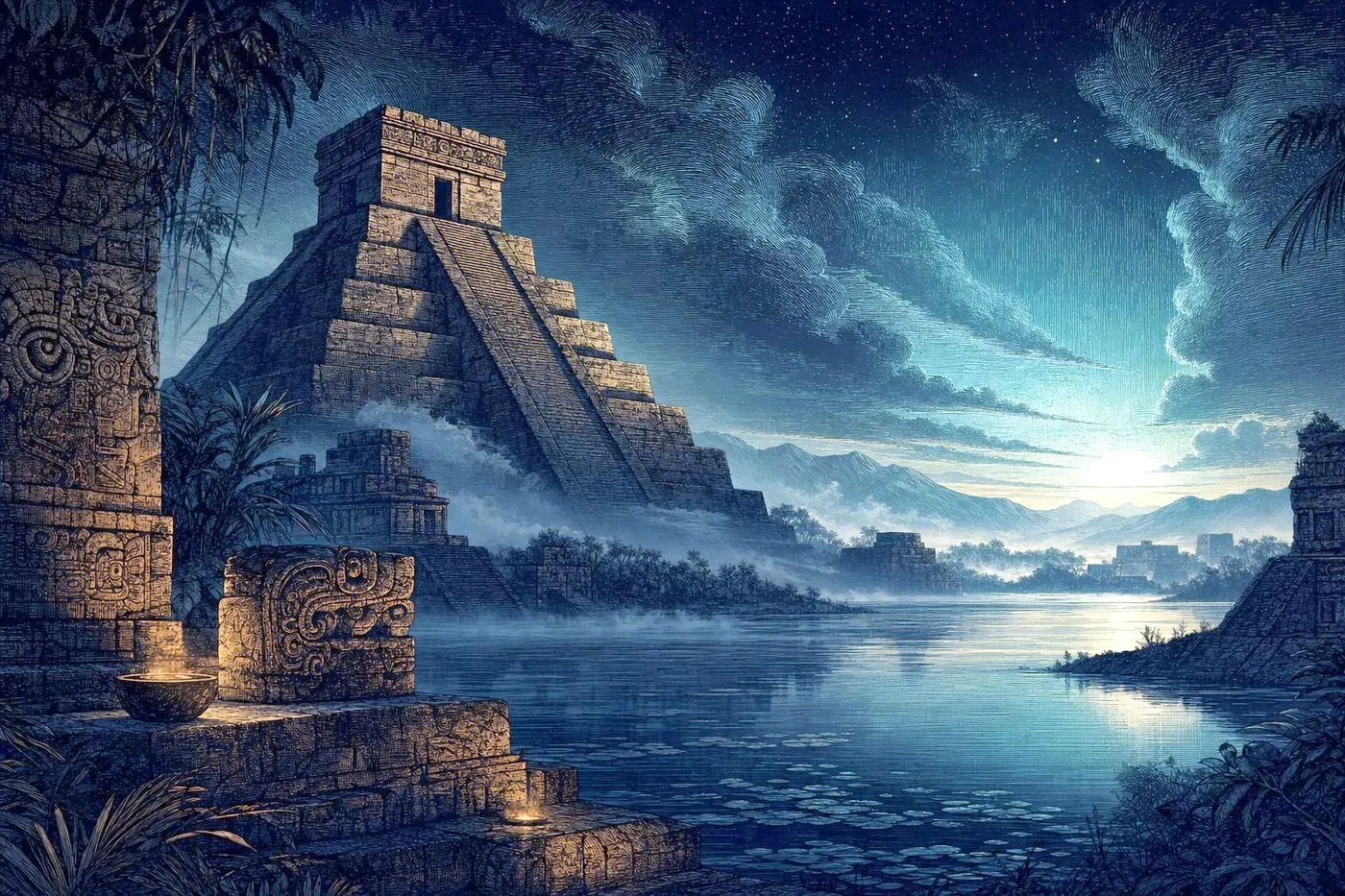 A stone temple pyramid rising through mist above a still lake at dawn