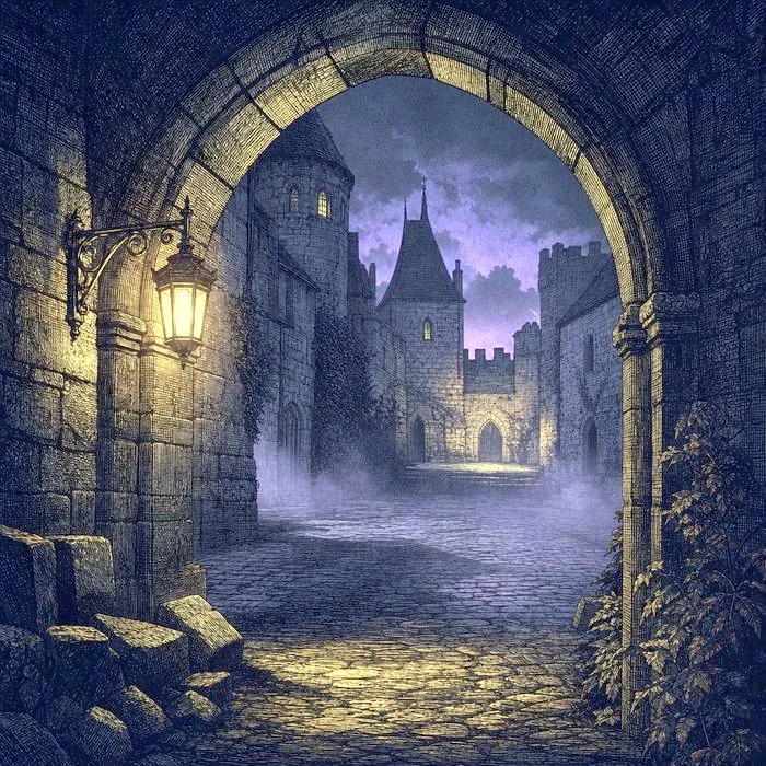 A weathered stone archway leading into a deserted medieval courtyard at dusk