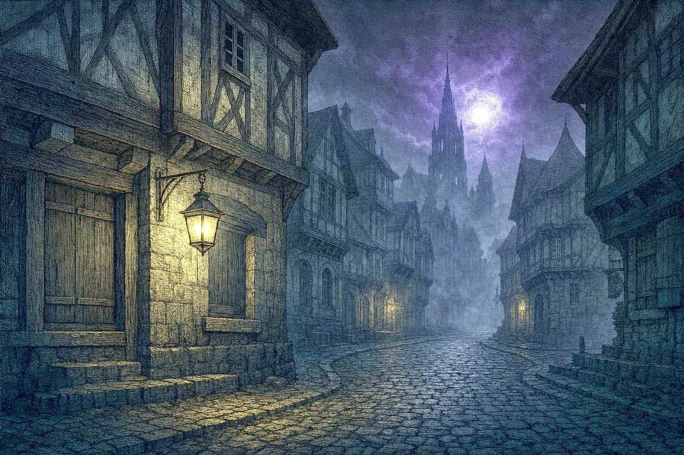 An empty candlelit medieval street with a single lantern glowing in the fog