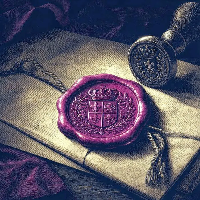 A close-up of an antique royal wax seal on a formal document