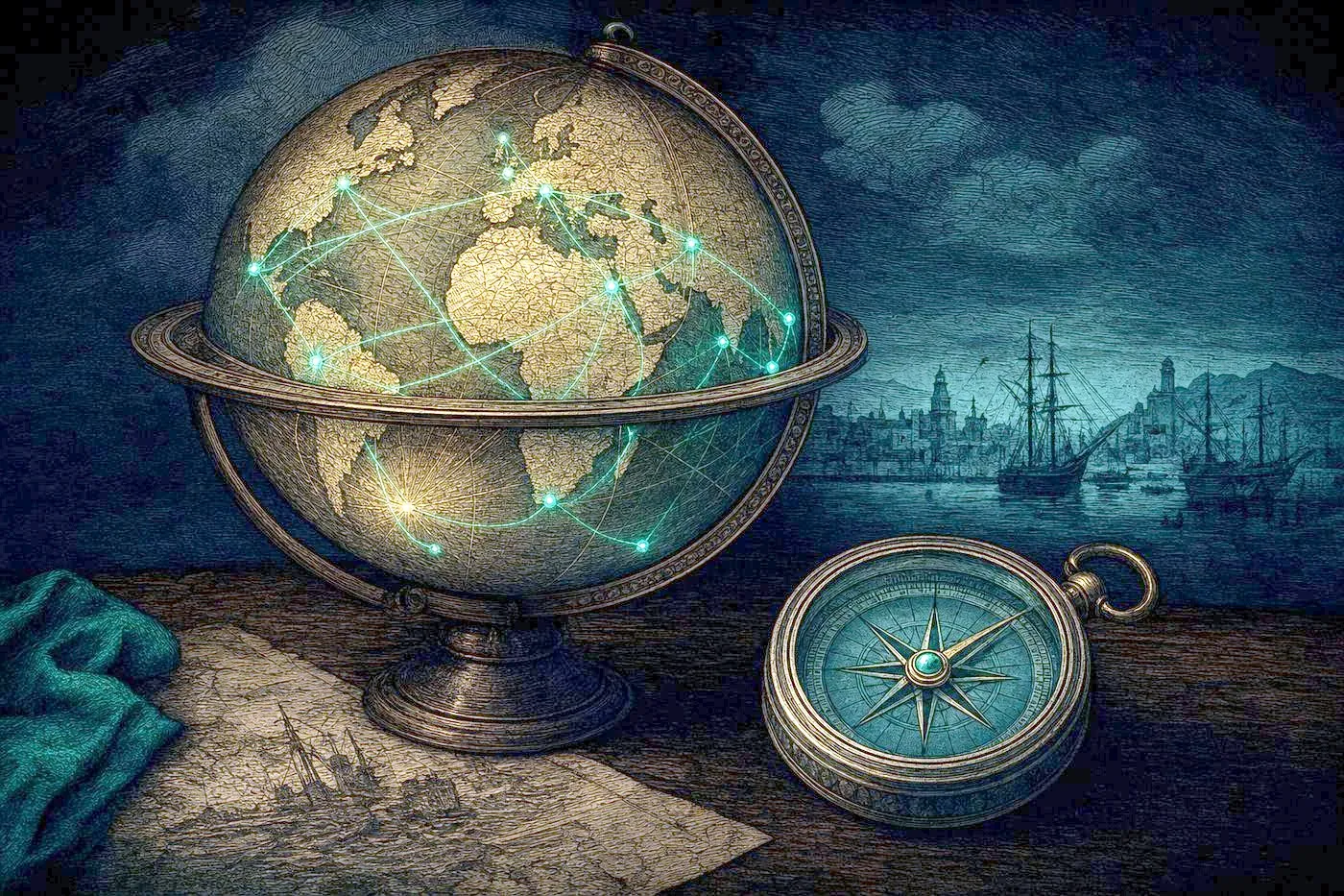 A glowing antique globe crossed with trade routes and a ship's compass, evoking the reach of the British Empire