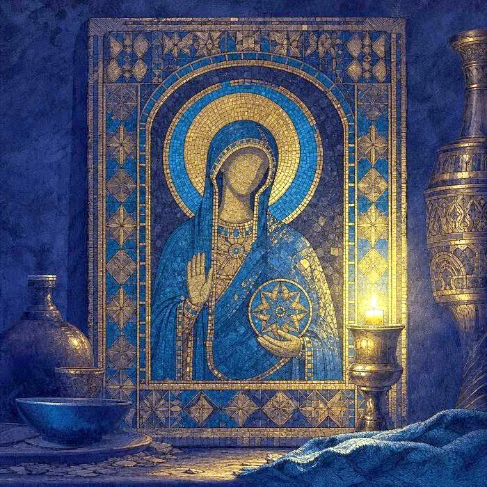 An ornate Byzantine mosaic icon glowing with gold leaf in candlelight