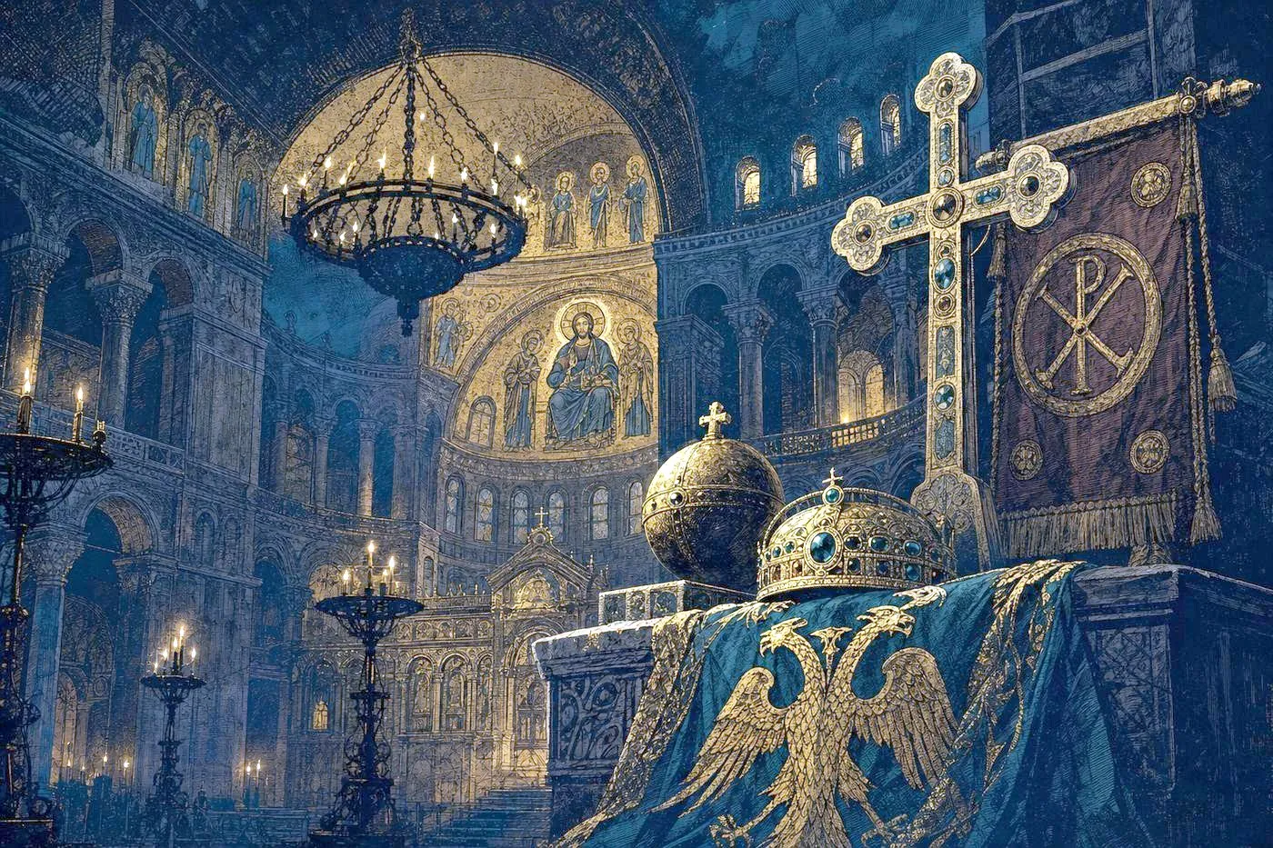 A domed Byzantine basilica interior glowing with candlelight and gold mosaic