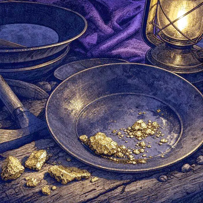 Gold-rush era mining pans and raw gold flakes on weathered wood