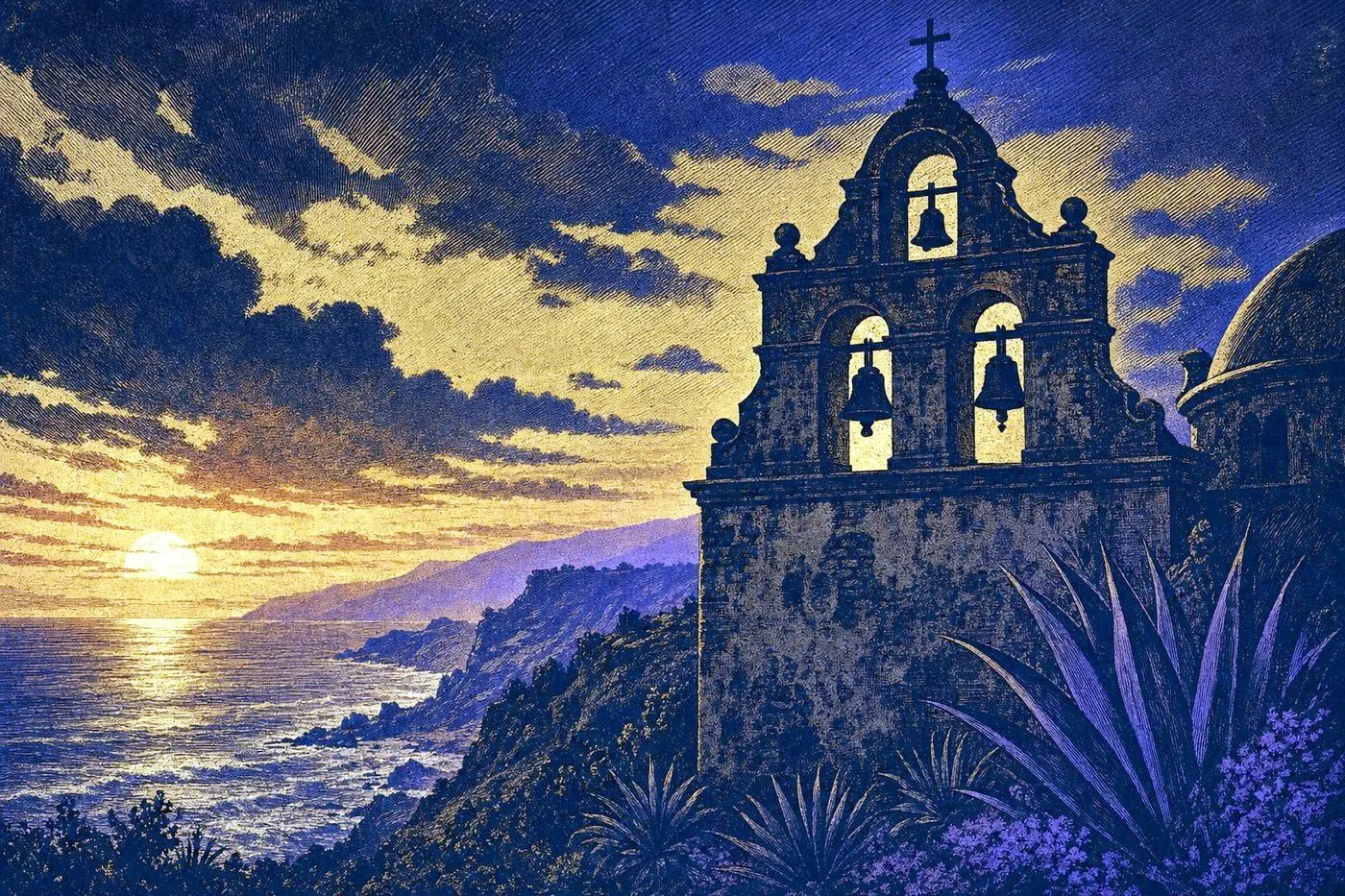 A golden-hour coastal cliff landscape with a weathered mission bell tower silhouette
