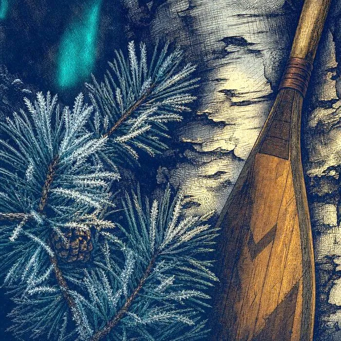 A close-up of frost-covered pine branches and a canoe paddle against birch bark