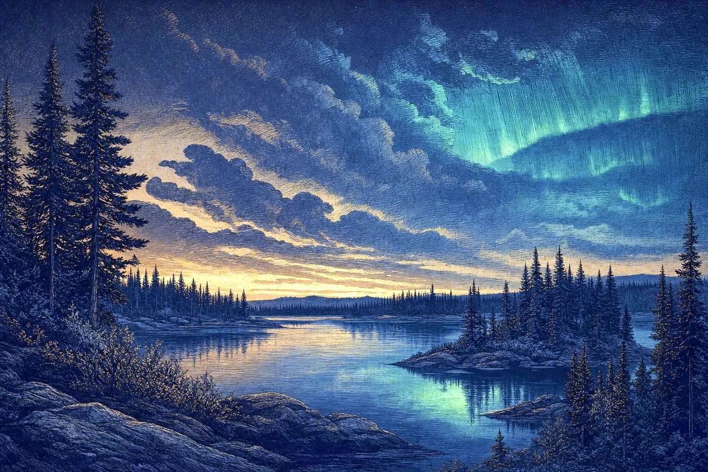 A wide northern landscape of forest, water, and sky