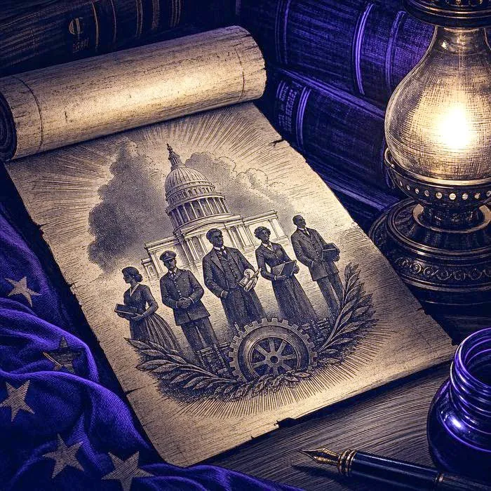 A close-up of an antique civil-service reform act document under warm lamplight