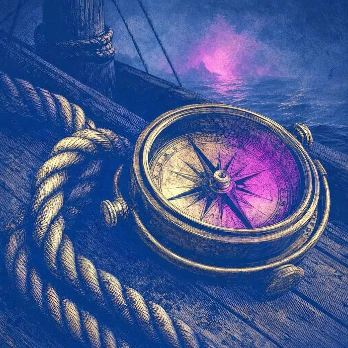 A close-up of an antique brass ship's compass and coiled rope on a wooden deck