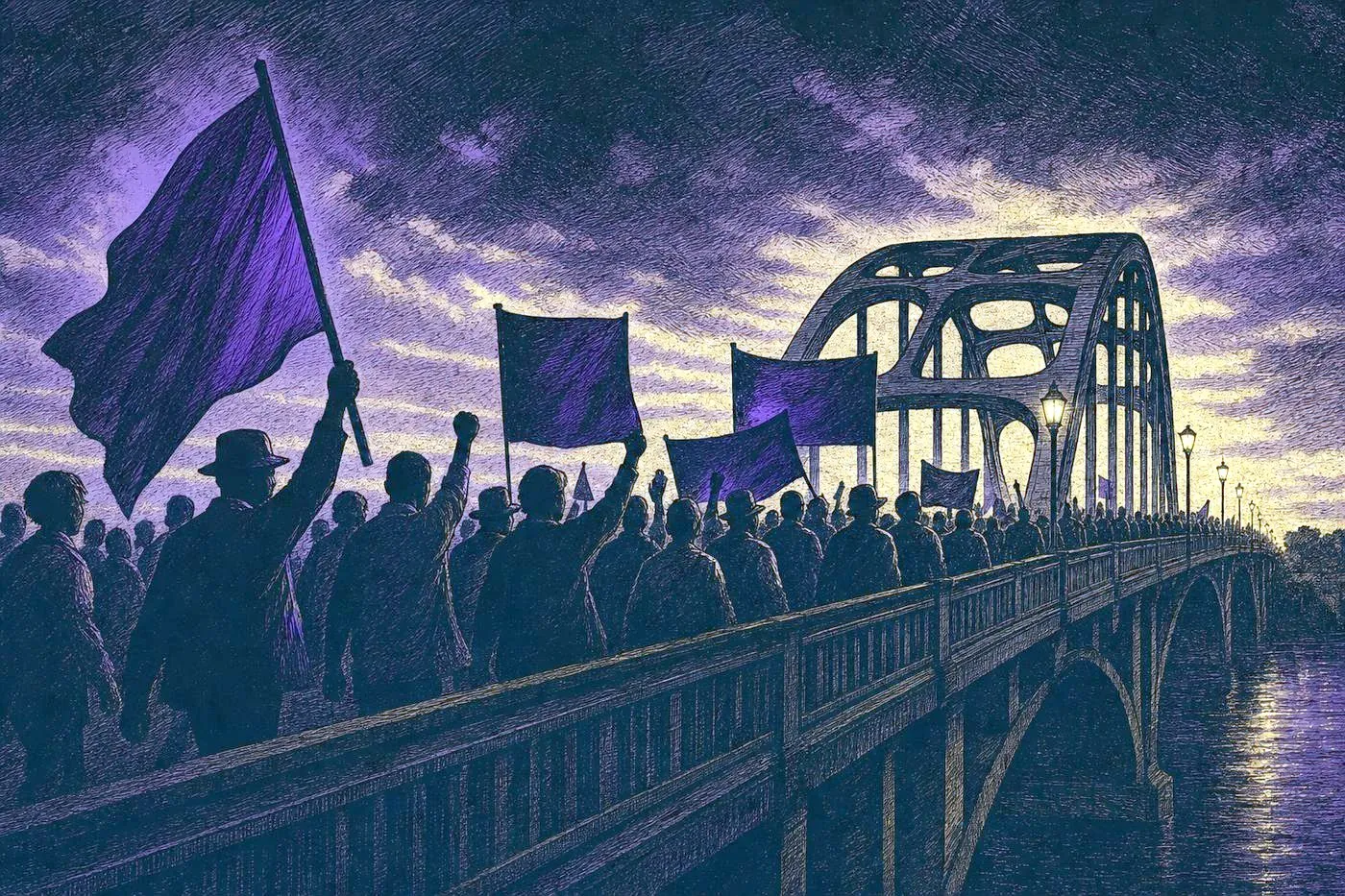 Silhouettes of marchers crossing a bridge at dusk
