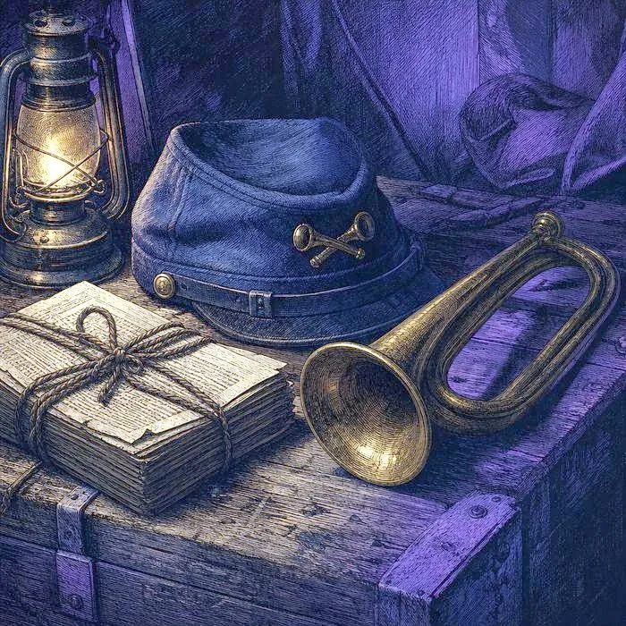 A Civil War-era soldier's forage cap and a brass bugle resting on a weathered wooden ammunition crate