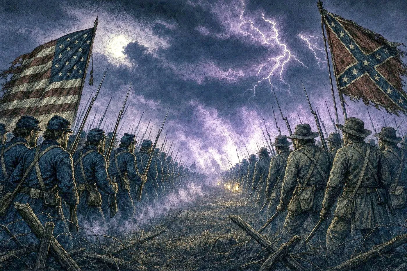 Union and Confederate soldiers in a Civil War-era battle scene