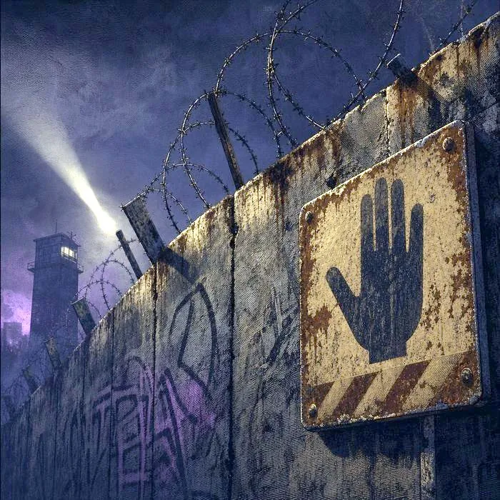 A rusted, graffiti-scarred section of concrete wall topped with barbed wire under a distant searchlight glow