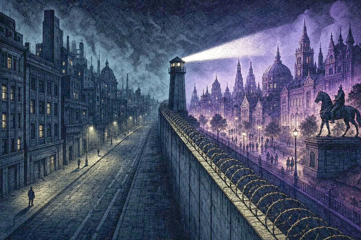 A divided city street with a concrete wall and a watchtower