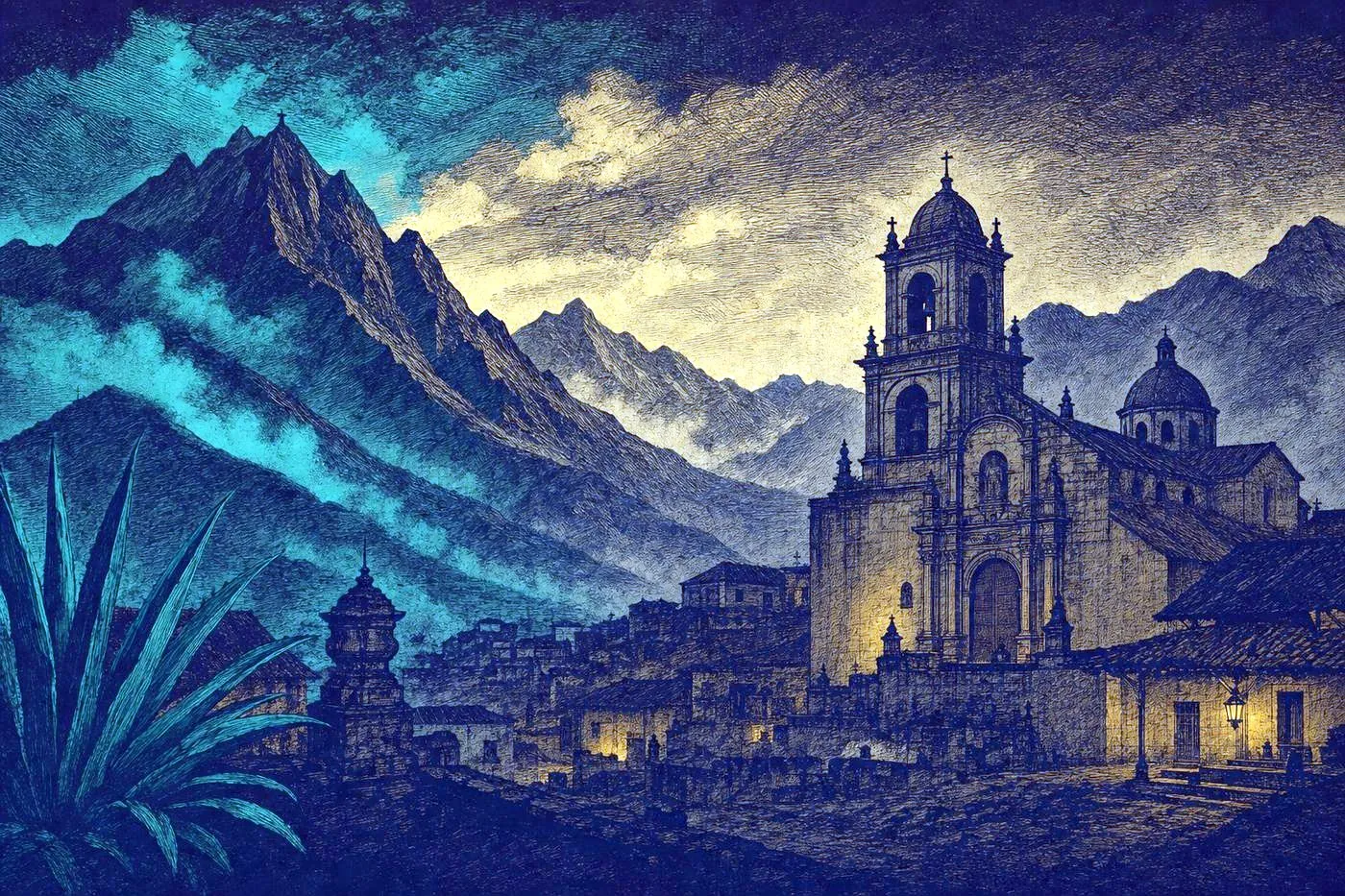 A misty Andean mountain landscape with a colonial-era church silhouette