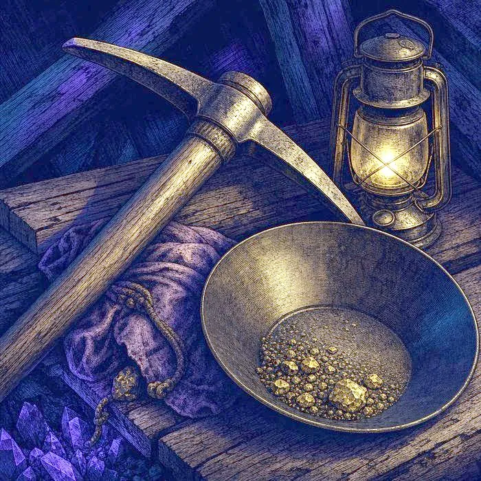 Antique gold-rush mining tools on weathered wood