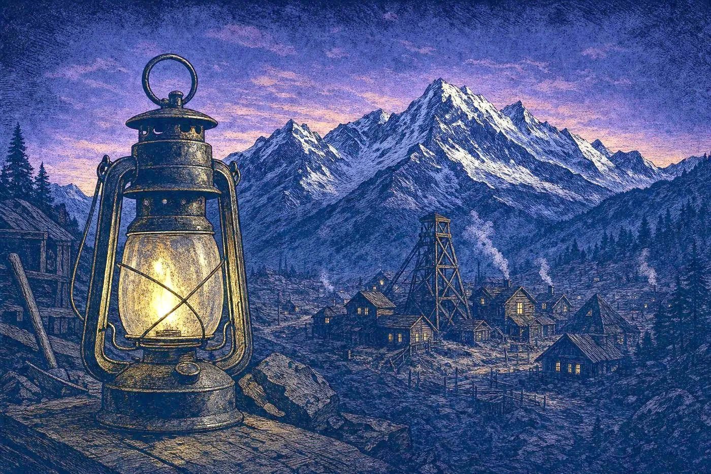 Snow-capped Rocky Mountains at dusk with a mining lantern in the foreground