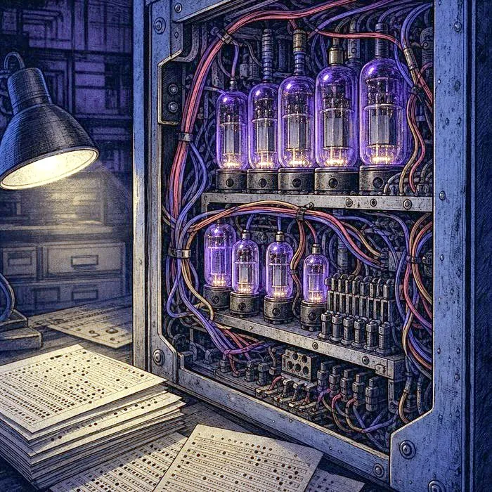 Glowing vacuum tubes and tangled wiring inside an open vintage computer cabinet panel, with punch cards nearby